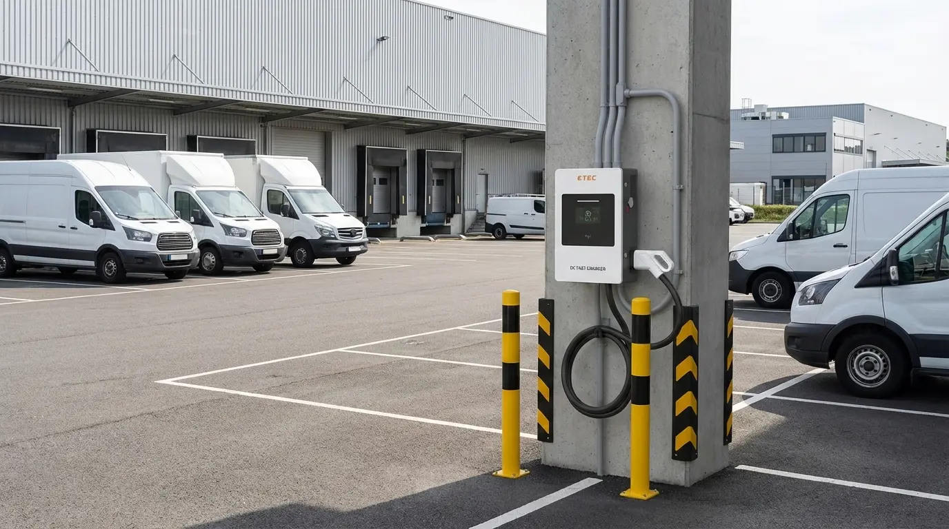 Real-world installation example of a 30kW single-gun compact DC fast charger at a fleet depot