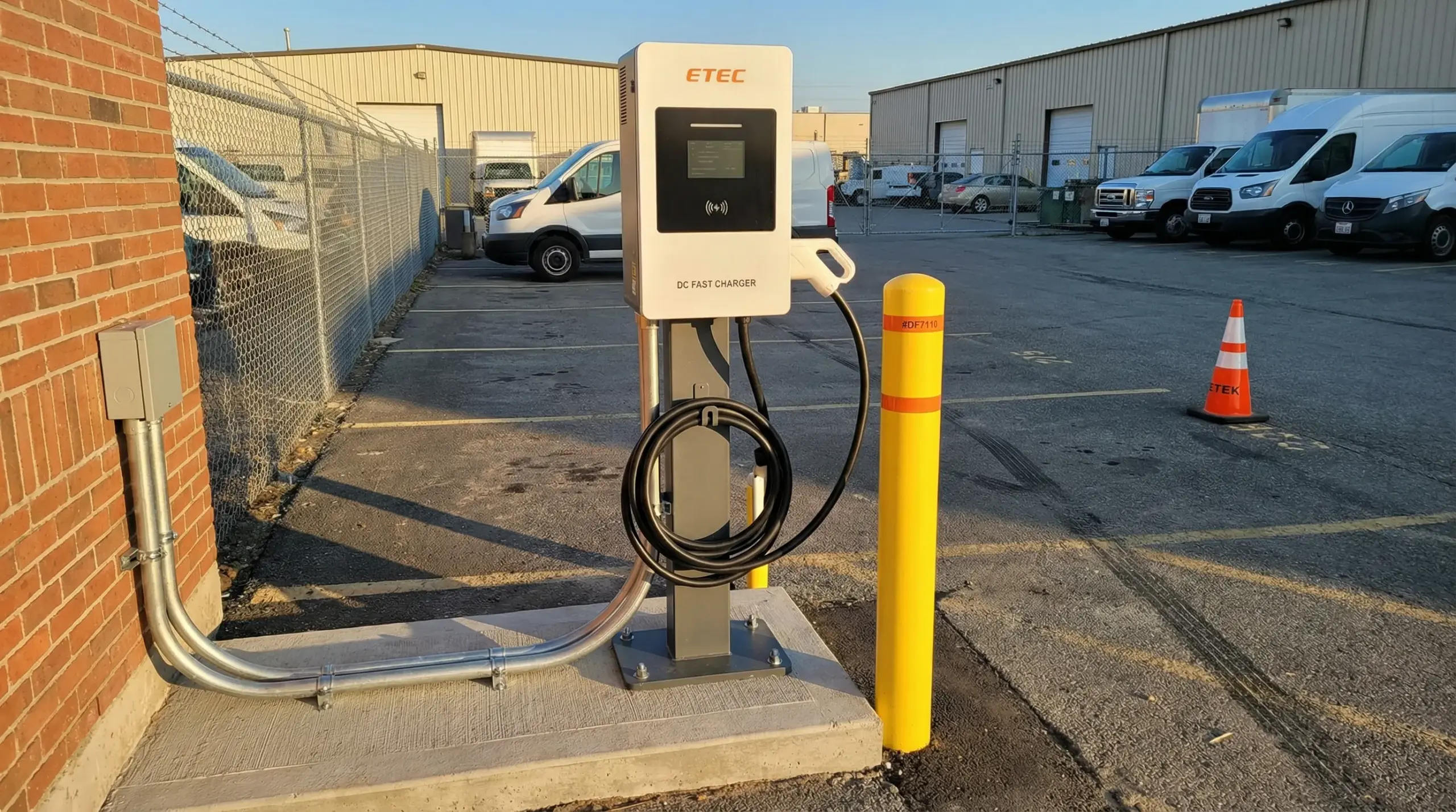 Real-world installation example of a 30kW single-gun compact DC fast charger at a fleet depot