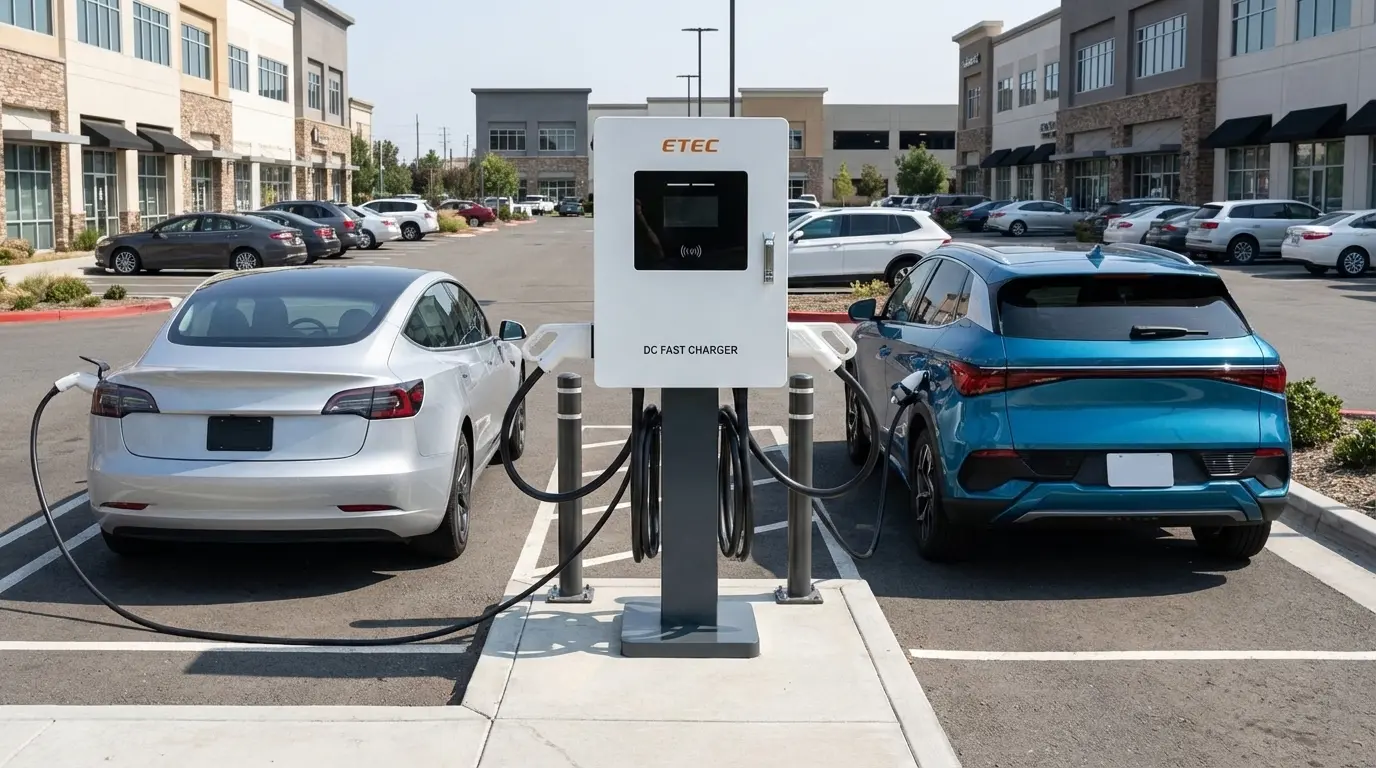 Real-world installation example of a 60kW dual-gun compact DC fast charger in a commercial parking lot
