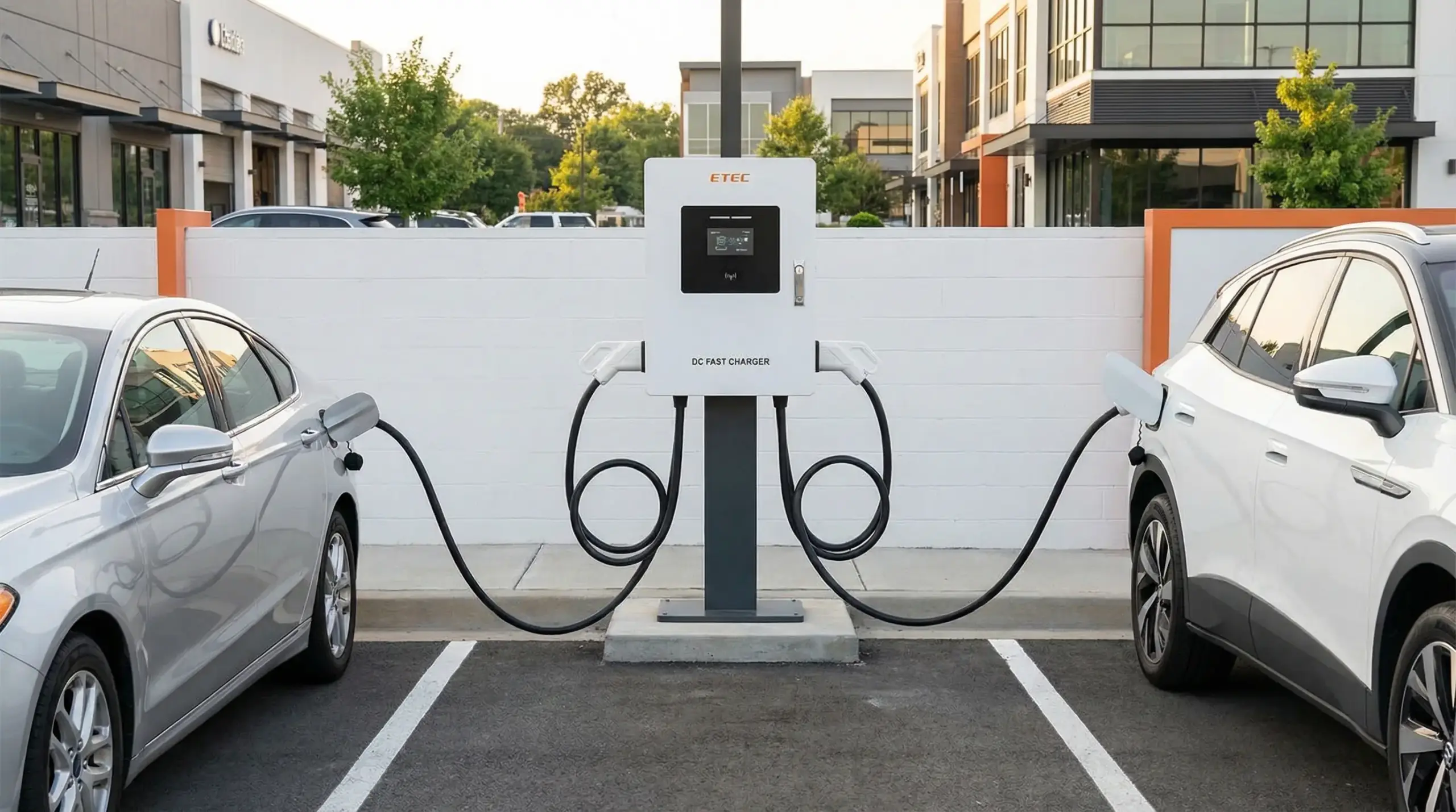 Real-world installation example of a 60kW dual-gun compact DC fast charger in a commercial parking lot