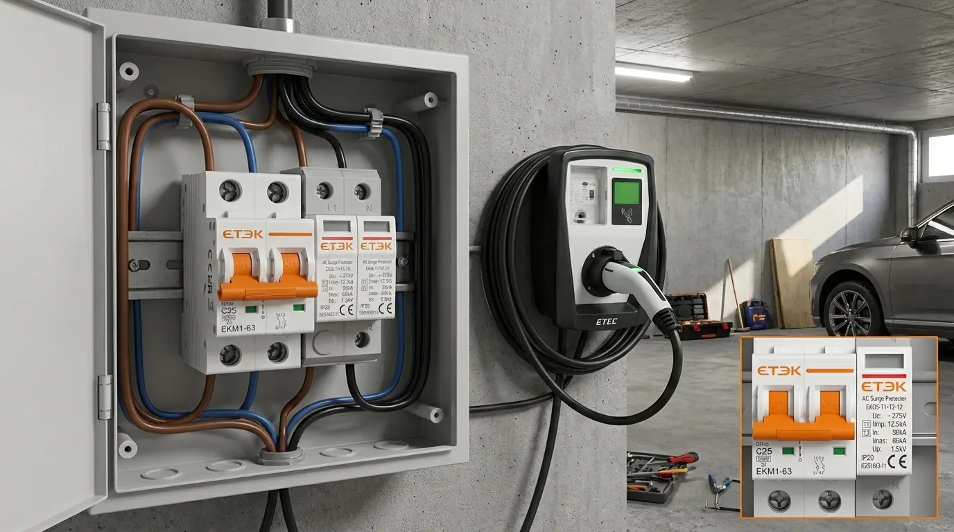 Real-world EV charging station protection example showing EV charger, open distribution panel, and DIN-rail protection devices