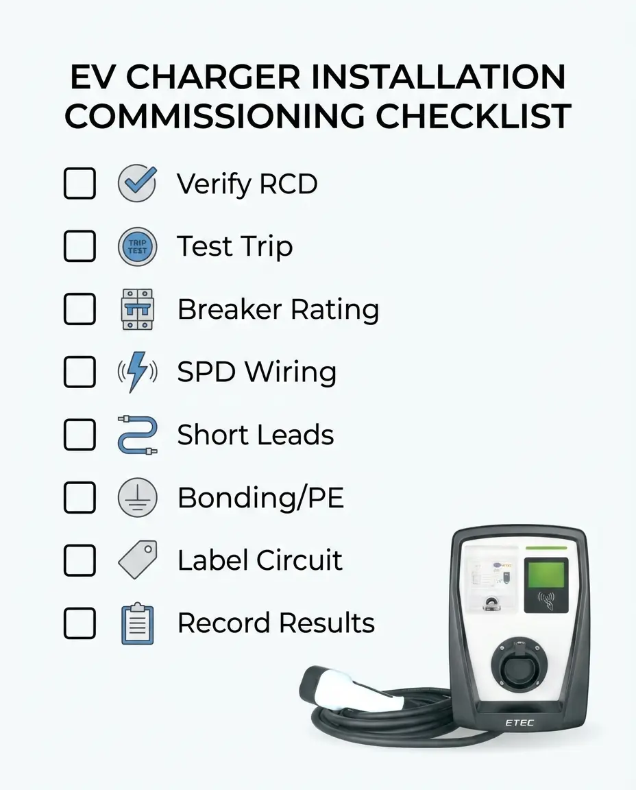 EV charging station commissioning checklist for RCD, breaker and SPD