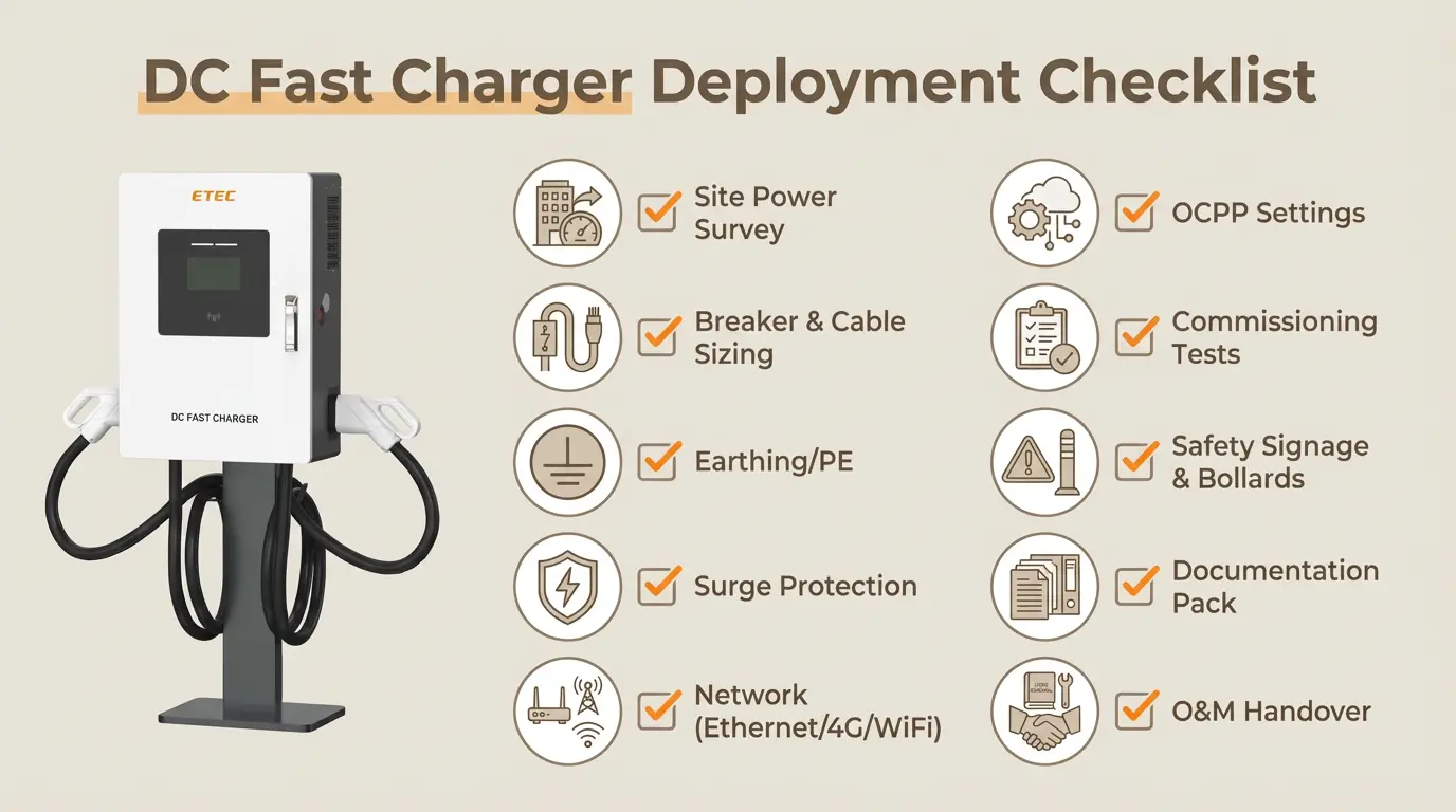 Deployment checklist for compact DC fast chargers (power, protection, networking, commissioning, O&M)