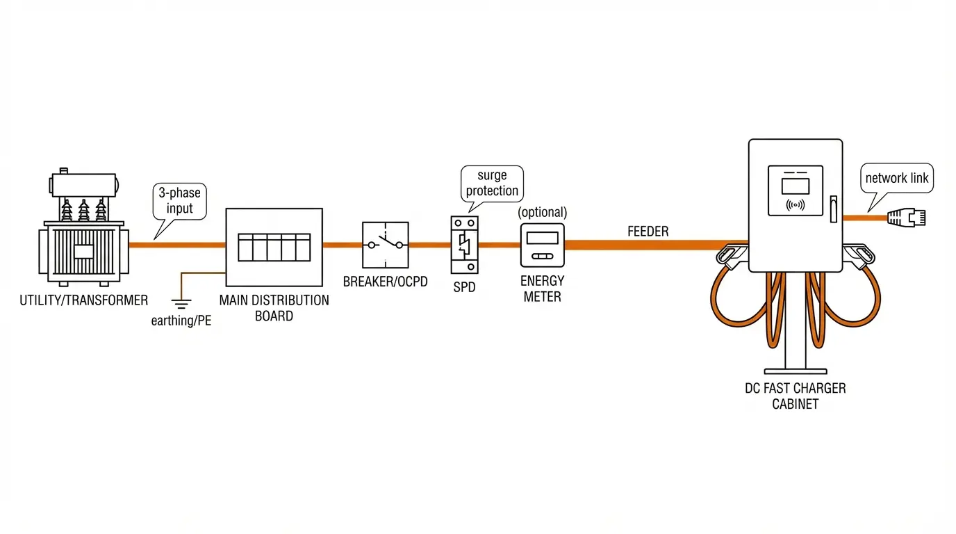 Single-line diagram for installing a 20&ndash;60kW compact DC fast charger (power, protection, meter, feeder)