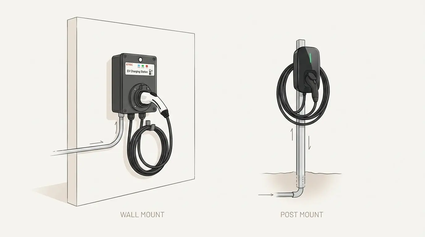 Illustration of wall-mounted vs post-mounted EV charger installation options