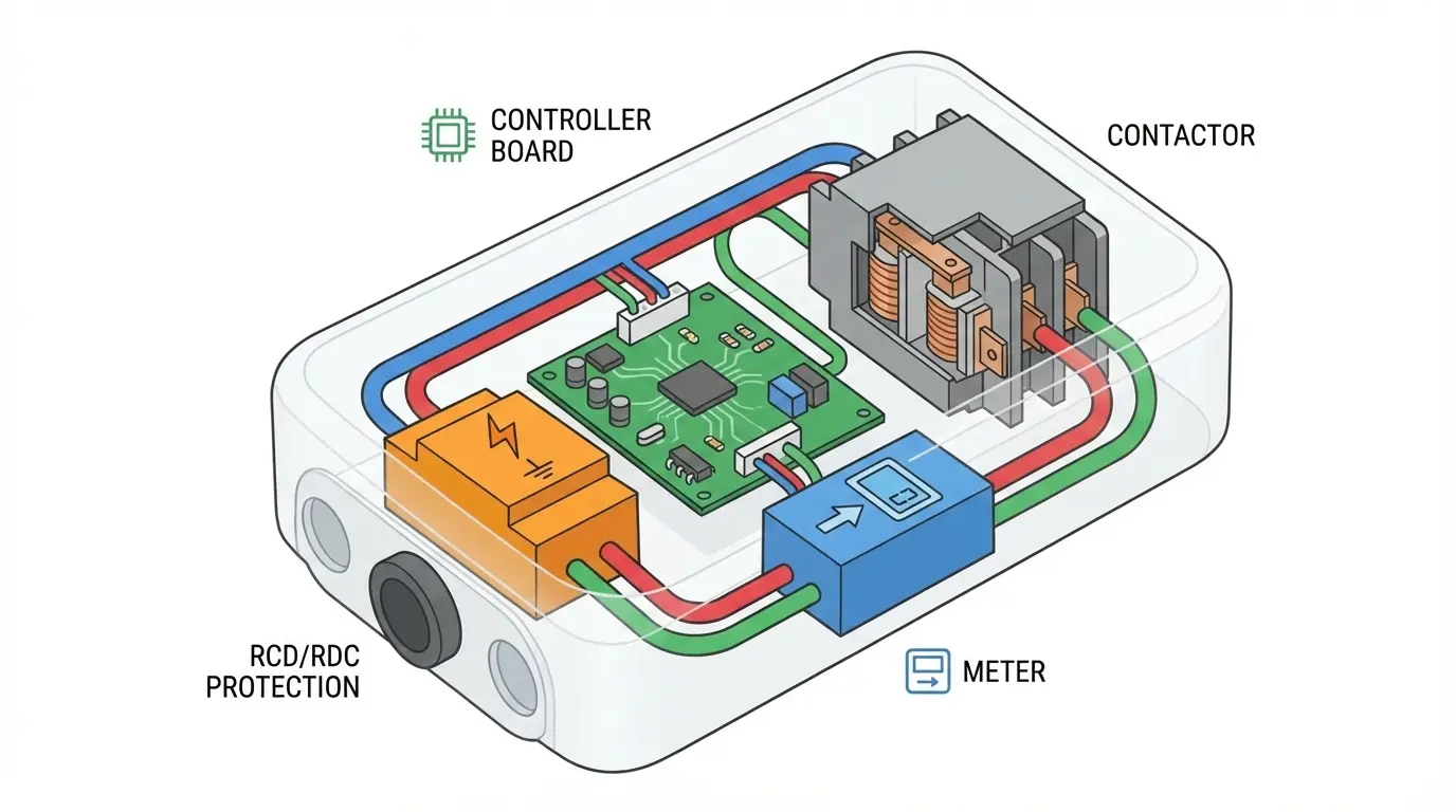 Cutaway style view showing EV charger internal safety and protection components