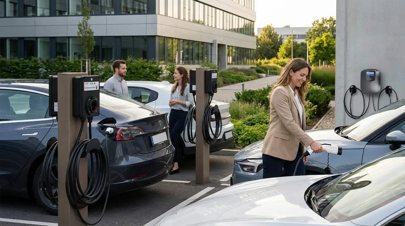 Workplace parking EV charging area with multiple AC chargers