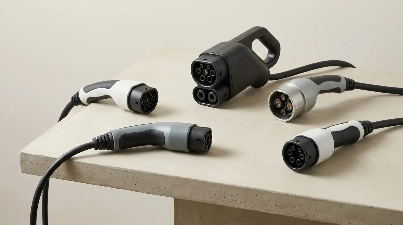 Collage showing common EV charging connectors including Type 2, CCS, CHAdeMO, and GB/T