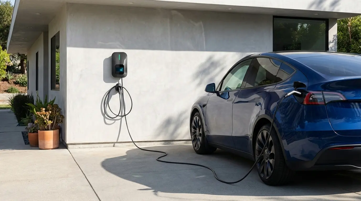 Realistic usage scene (generated): wallbox-style AC charger in a home setting.