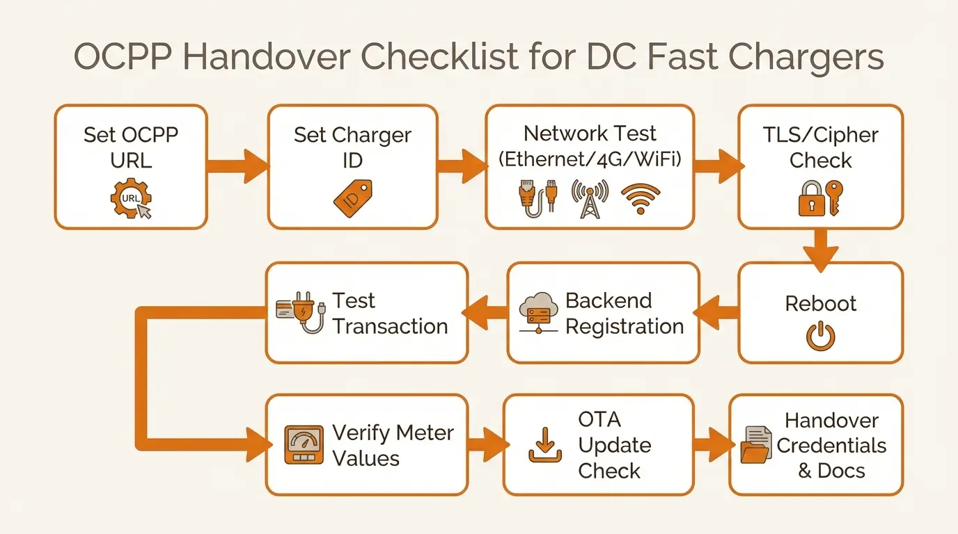 OCPP handover checklist flow for DC fast chargers (network, backend registration, test session, OTA)