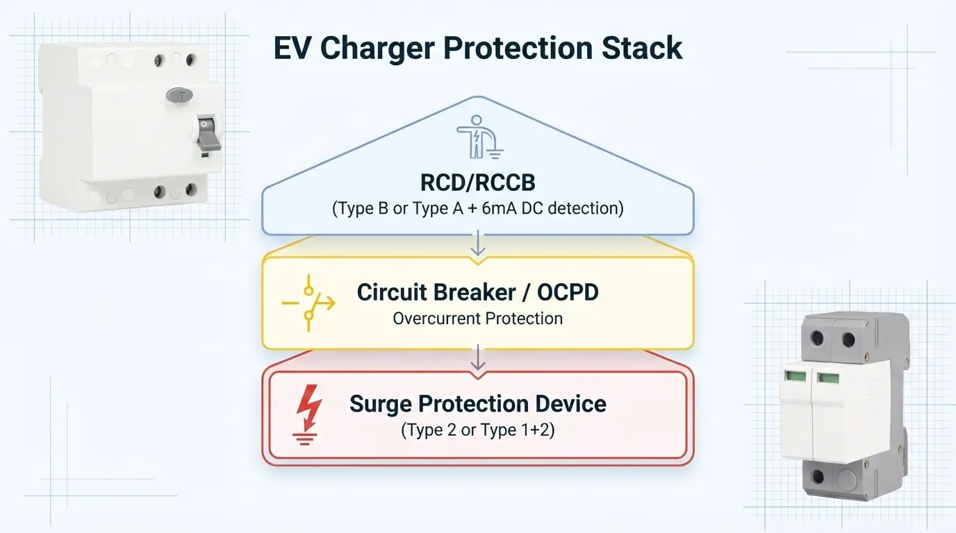 EV charging station protection stack: RCD, circuit breaker, surge protection device